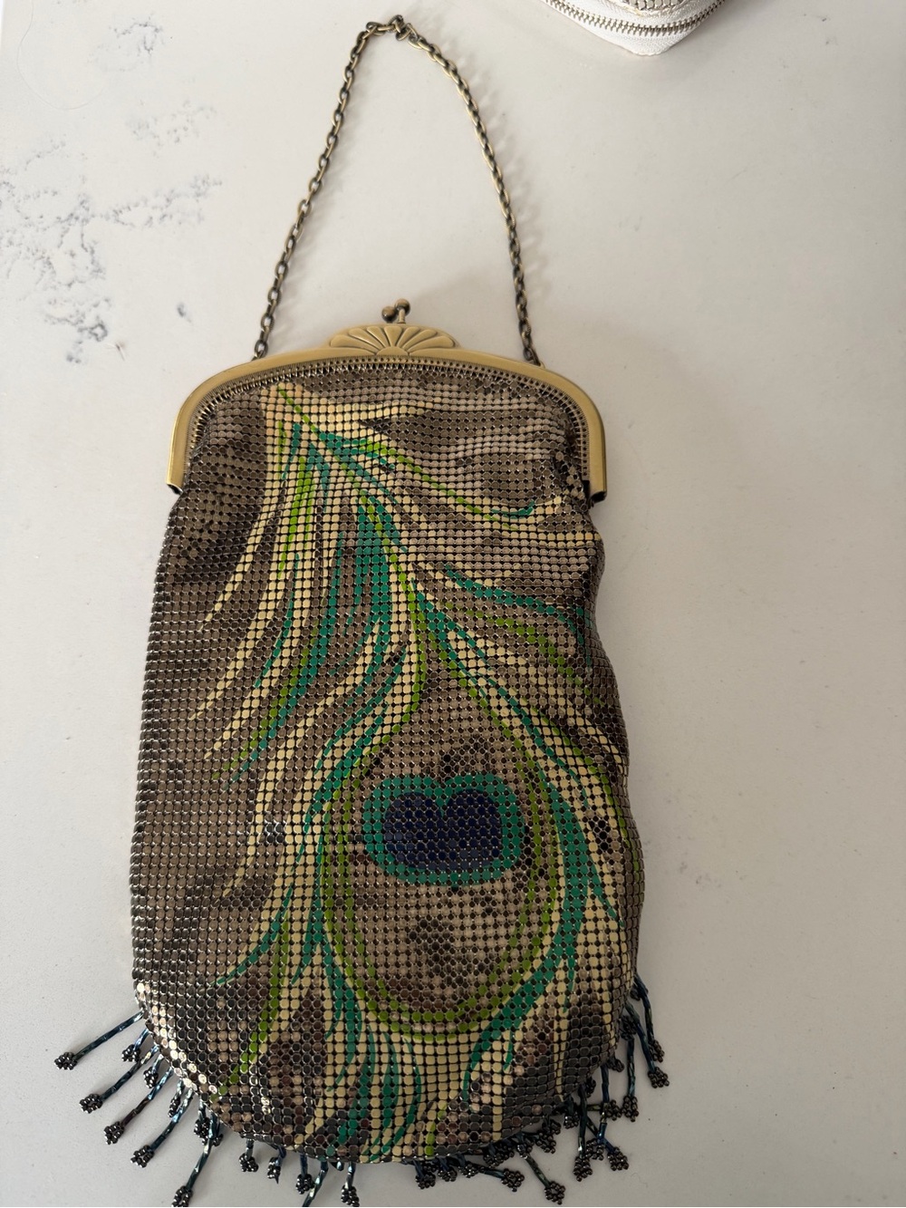 Whiting & Davis Peacock Feather Mesh Evening Bag in Green and Gold